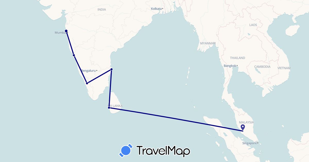 TravelMap itinerary: driving in India, Sri Lanka, Malaysia (Asia)